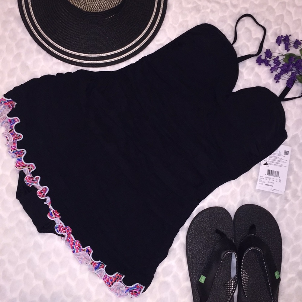 NEW Gottex Shirred Ruffle Hem Swimdress Black Pink